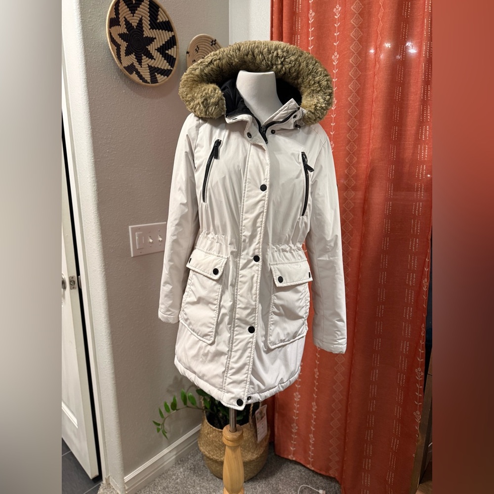 Michael Kors White Parka Winter Coat with Faux Fur Trim